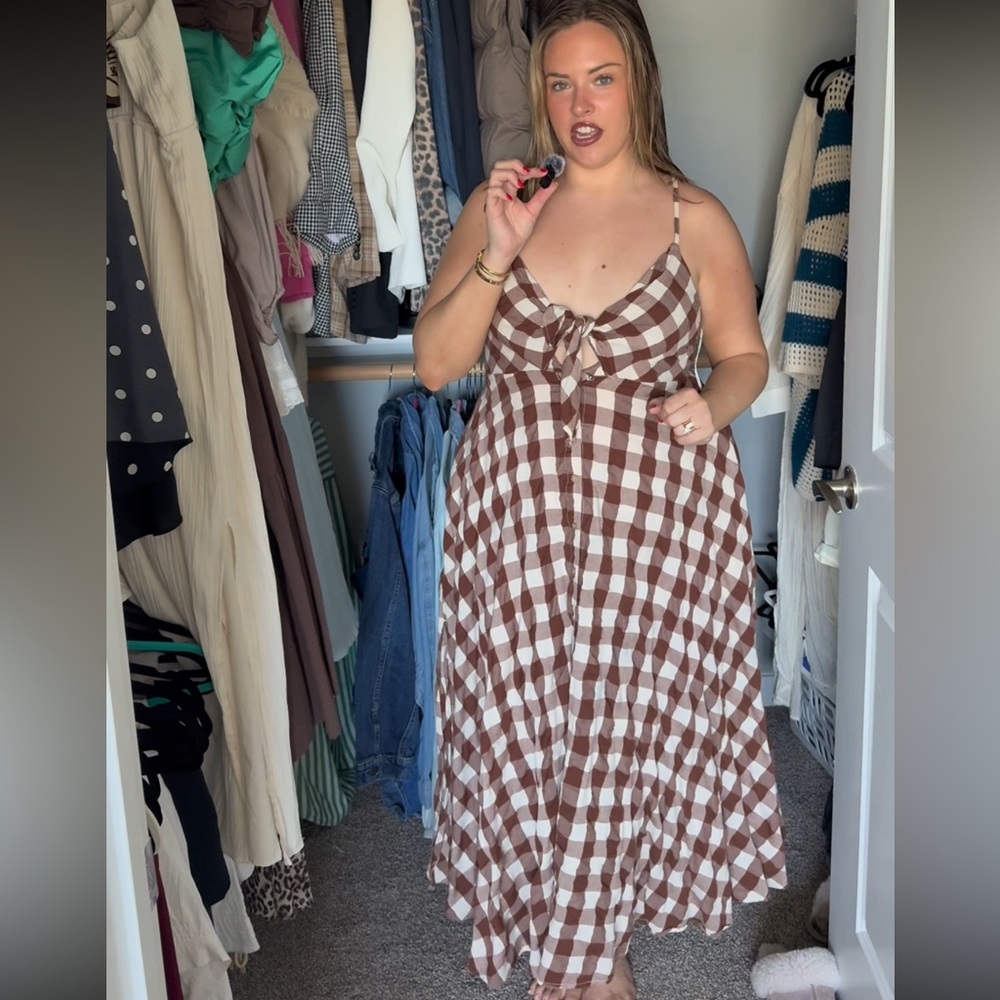 Free People Brown and White Checkered Midi Dress